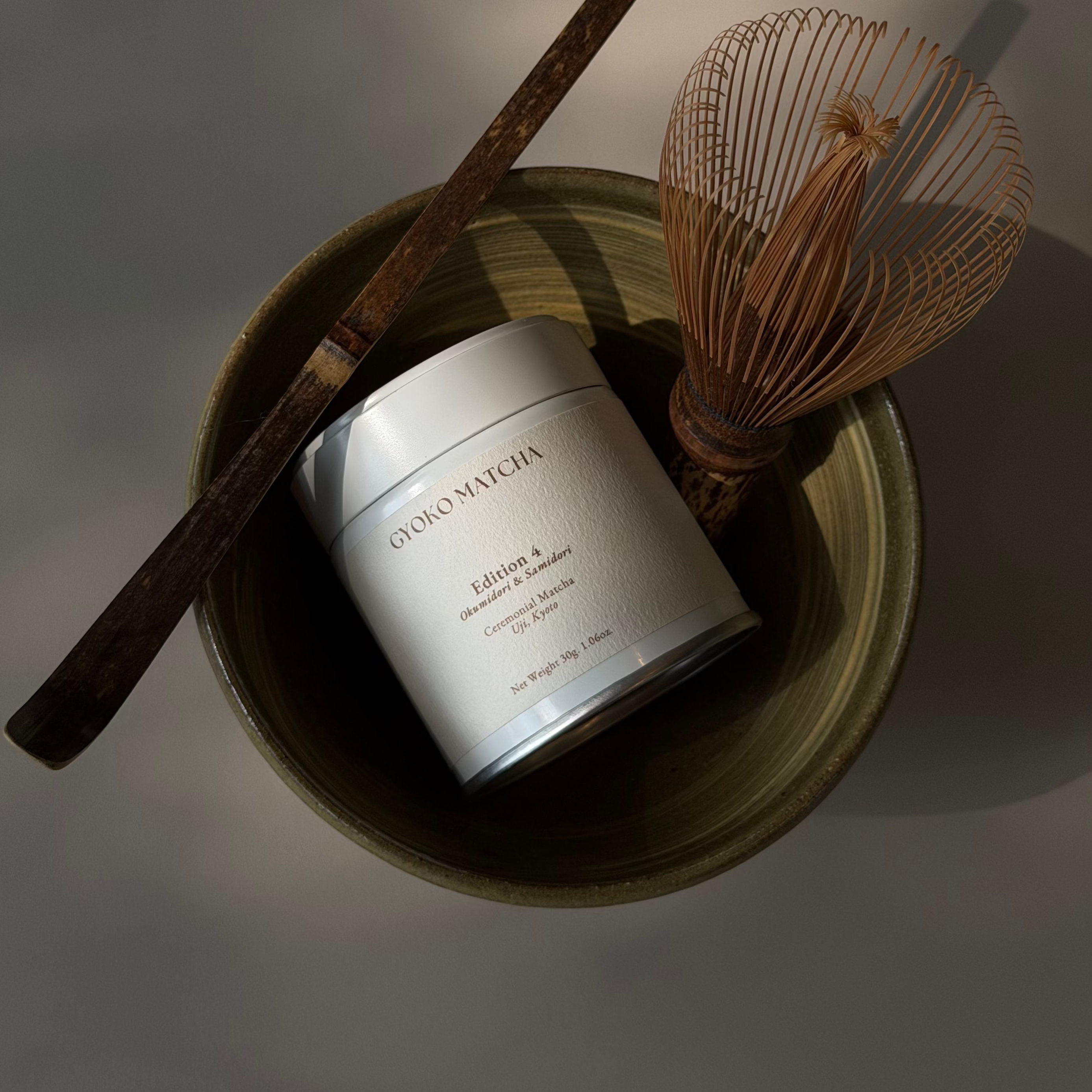 GYOKO Edition 4 ceremonial matcha, Okumidori and Samidori blend from Uji, Kyoto — 30g tin with bamboo chasen